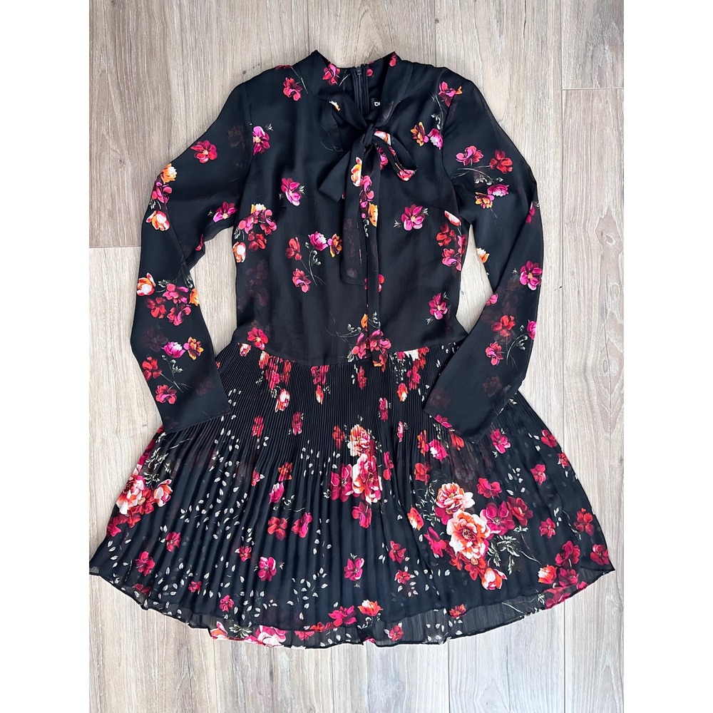 DKNY Floral Chiffon Tie Neck Pleated Mini Dress 2 Drop Waist Dark Academia Moody